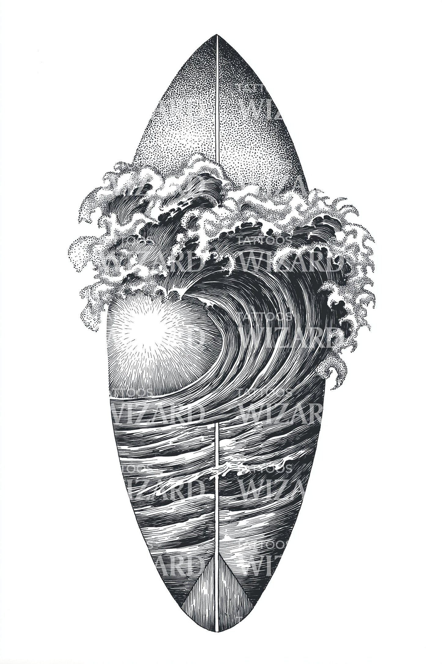 Surfboard Ocean Wave Tattoo Design