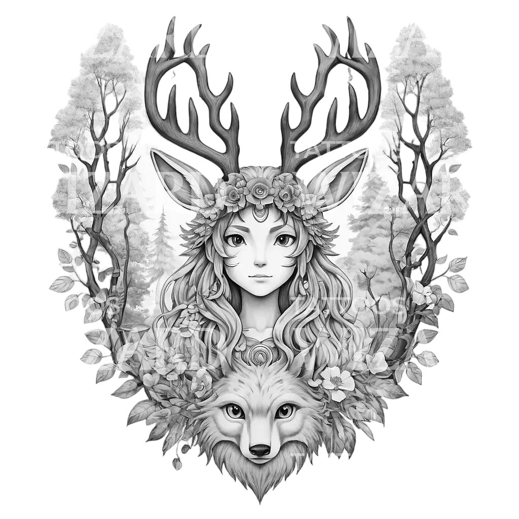 Anime Studio Ghibli Forest Spirit Tattoo Design