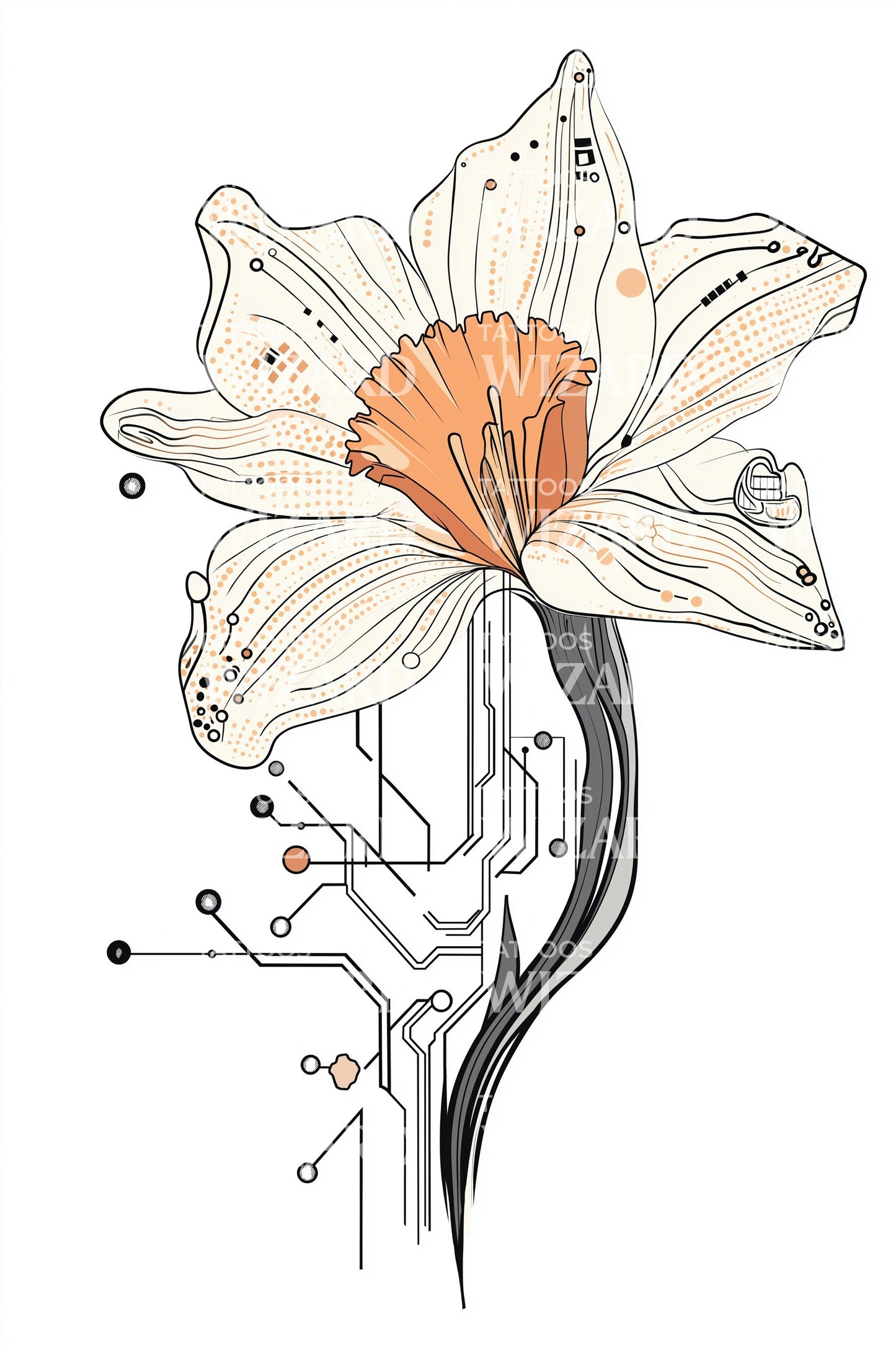 Ilustrasi Tato Daffodil Sirkuit Teknologi