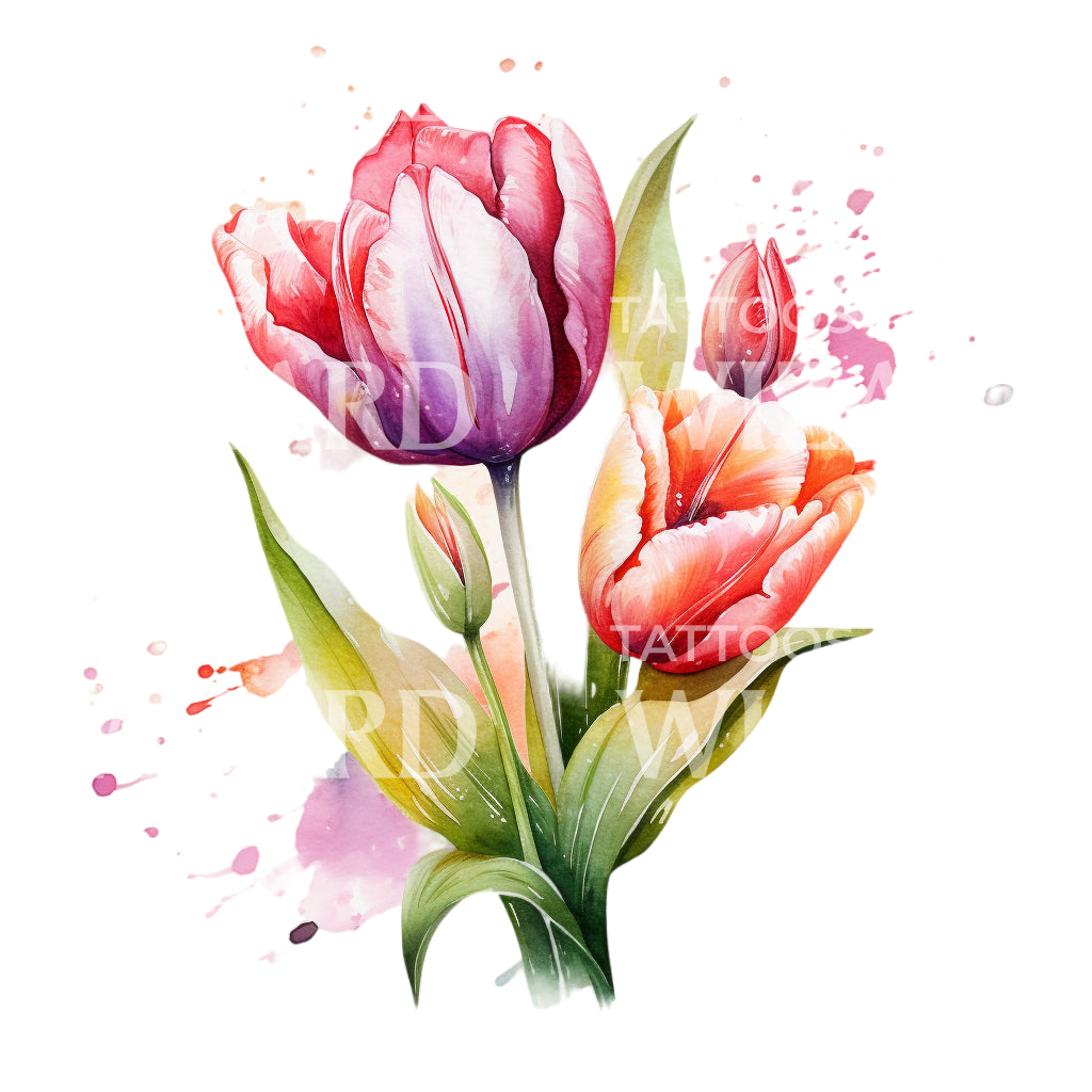 Watercolor Tulip Flower Tattoo Design