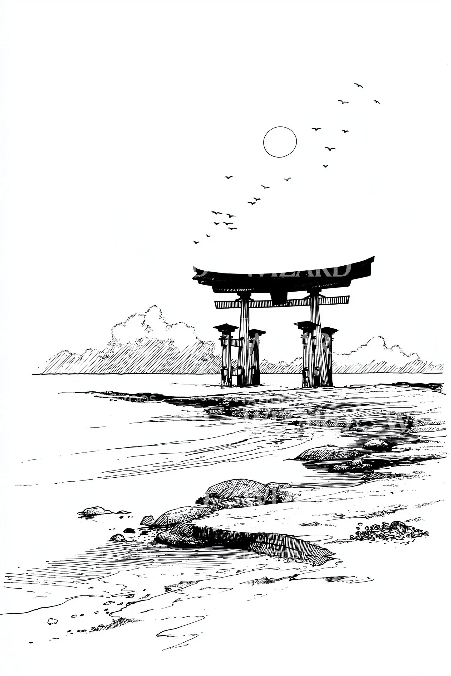 Torii Gate Landscape Tattoo Design