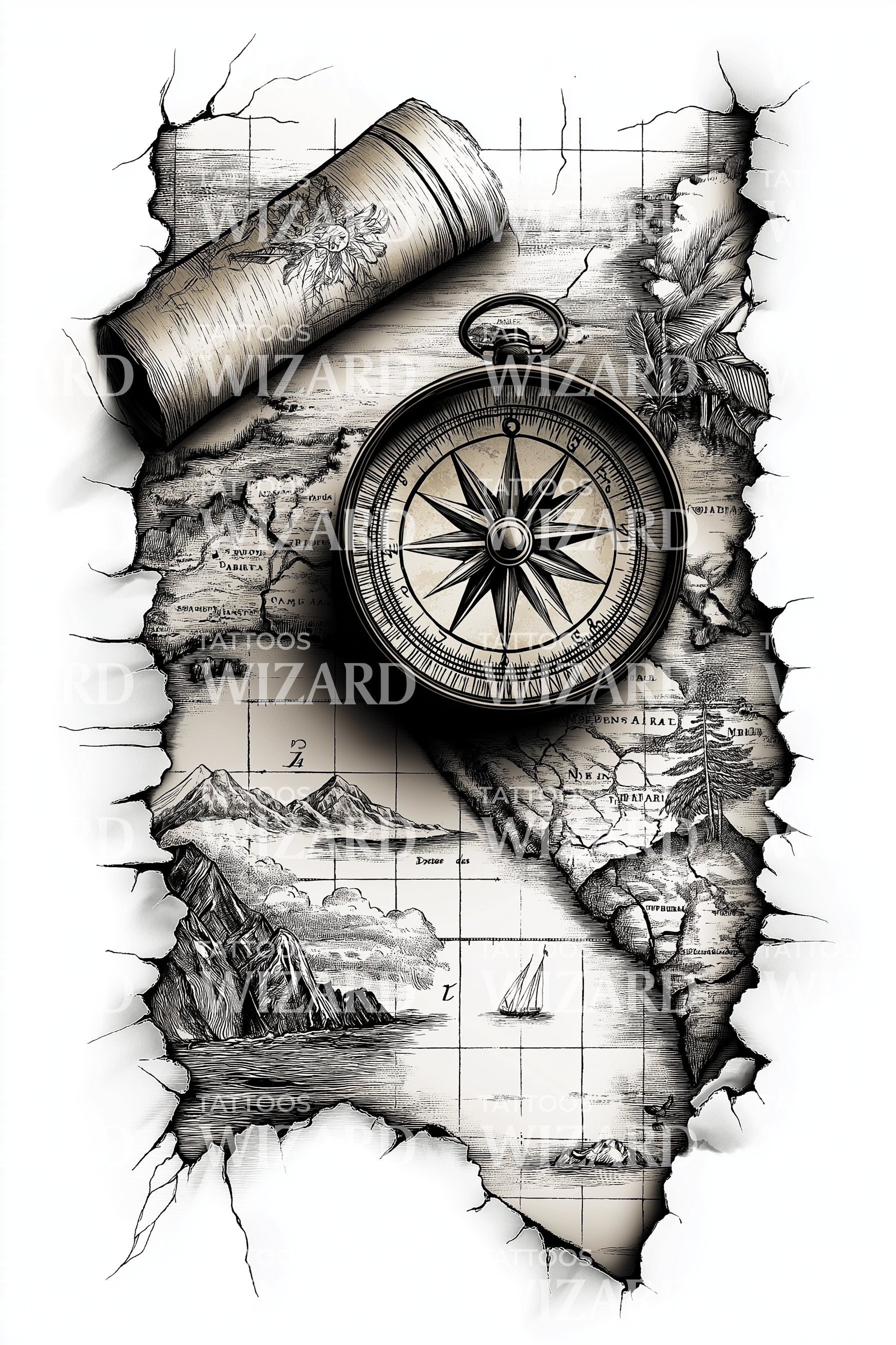 Nautical map tattoo drawing