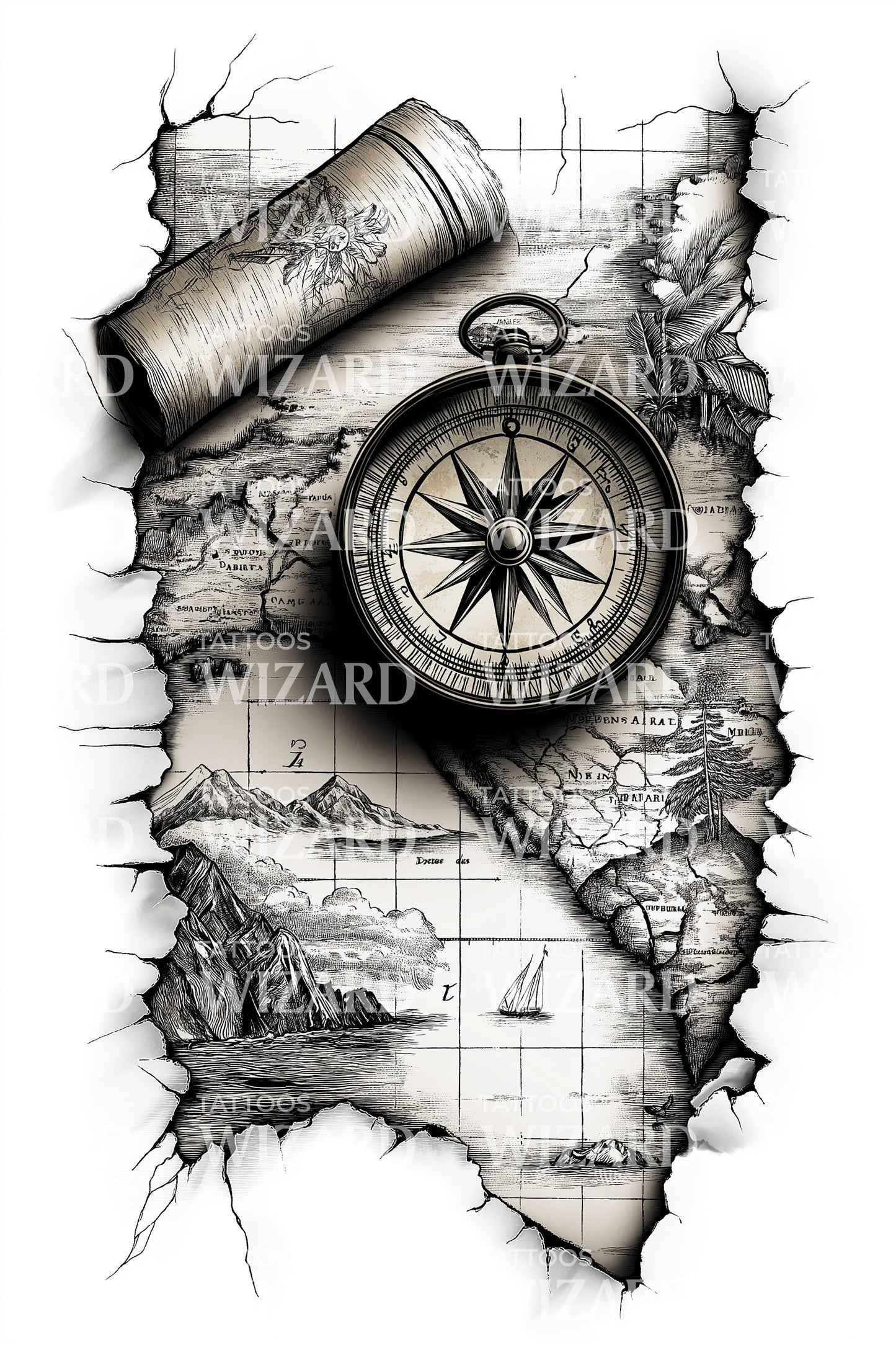 Torn Nautical Chart Tattoo Illustration
