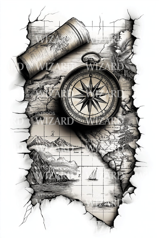 Illustrazione Tatuaggio Carta Nautica Strappata