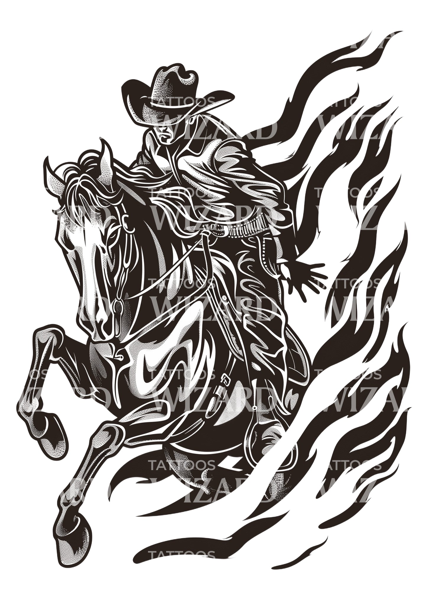 Traditional Dotwork Cowboy on Horse Tattoo Design