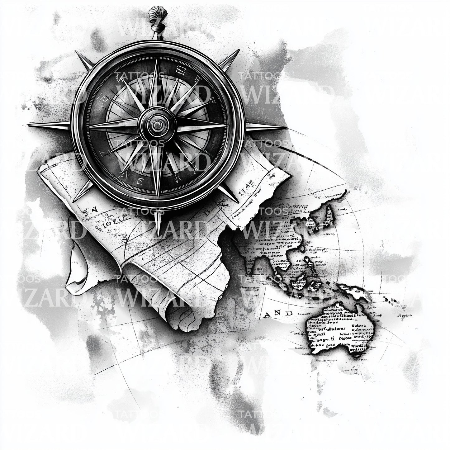 Diseño de Tatuaje de Mapa del Mundo y Brújula