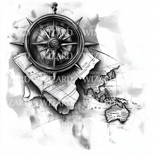 旅行世界地图和指南针纹身设计