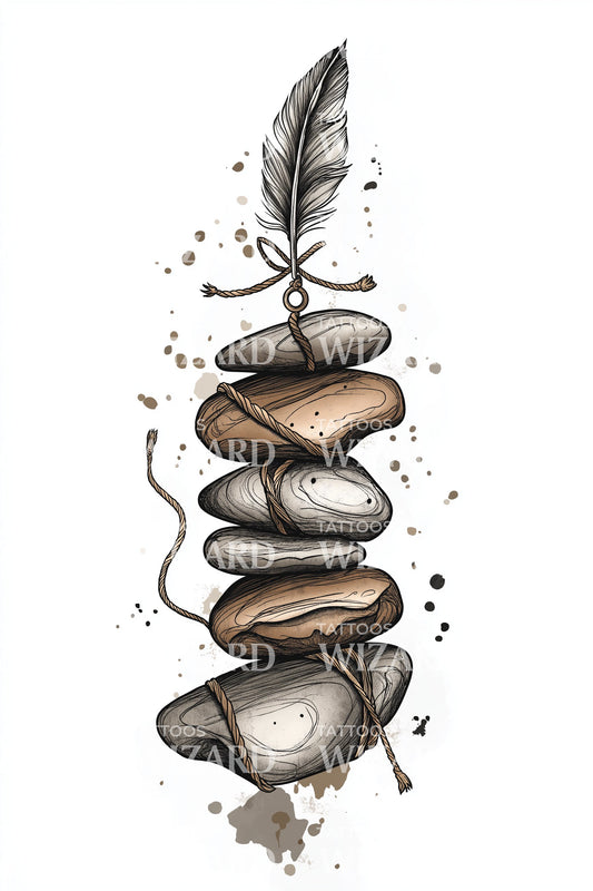 Twisted Pebble Stack with Feather Tattoo Design