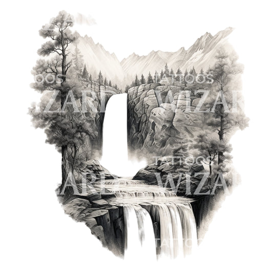 Dotwork Waterfall Landscape Tattoo Design