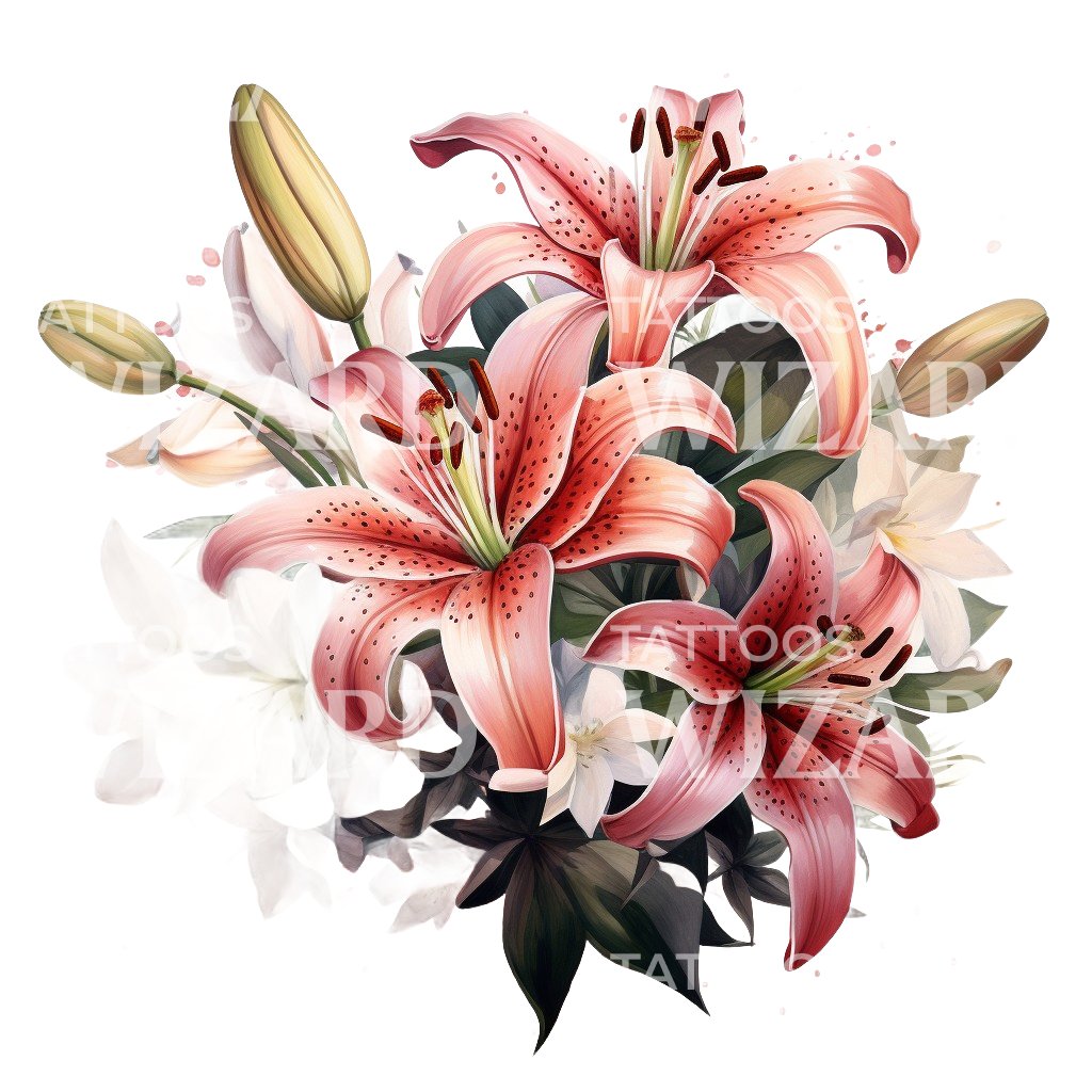 Red Lily Flower Bouquet Tattoo Design