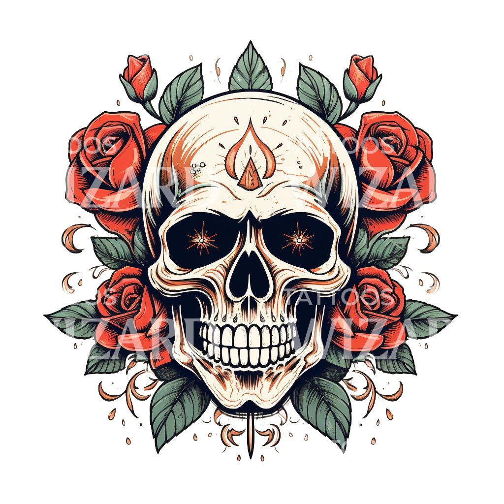 Old School Skull and Roses Tattoo Design