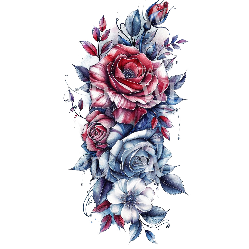 Blue & Red Roses Tattoo Design