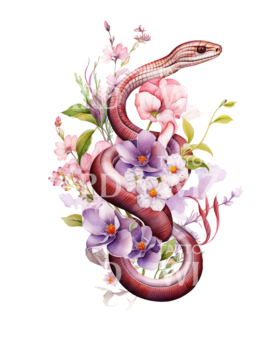 Snake with Flowers Tattoo Design