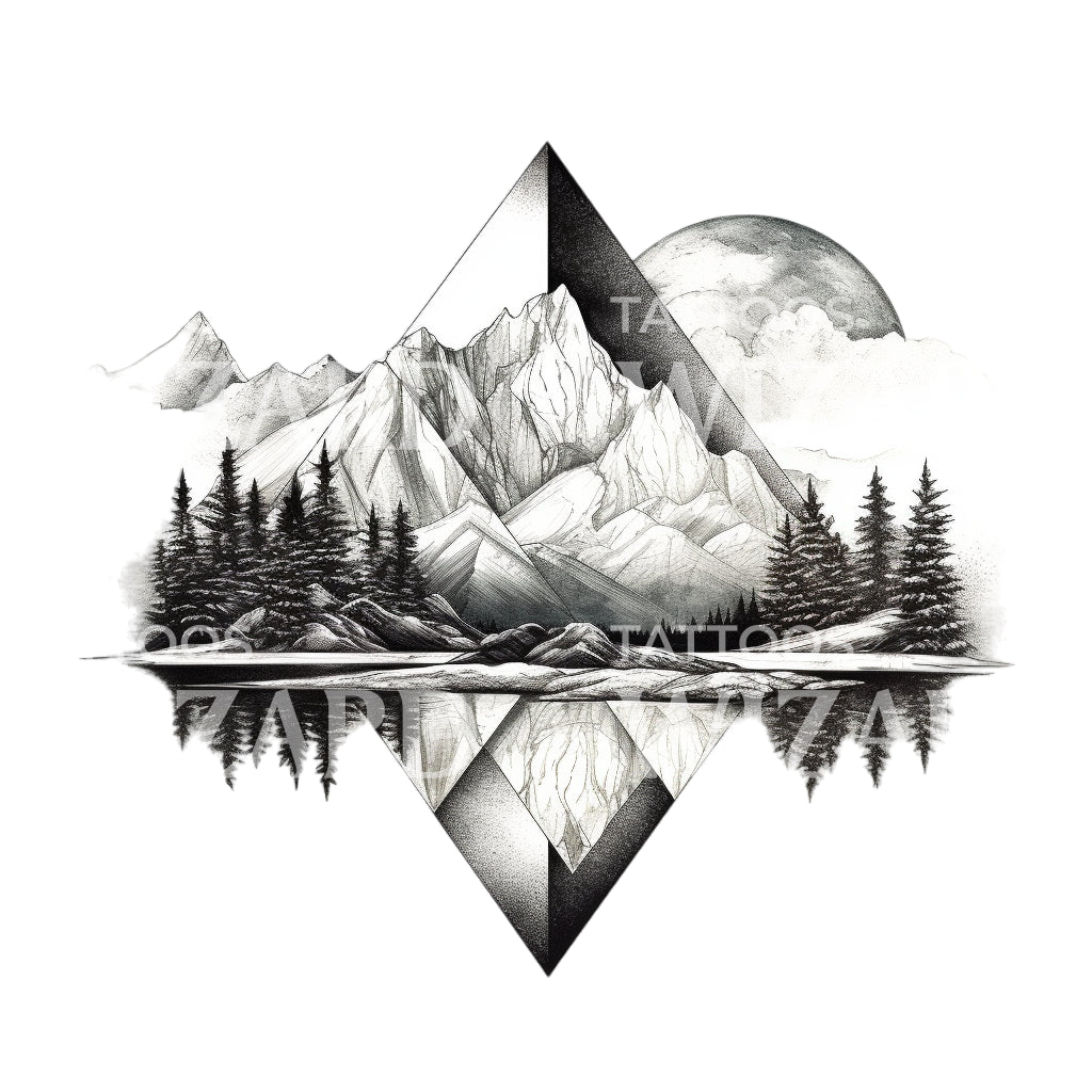 Dotwork Mountain Lake Tattoo Design