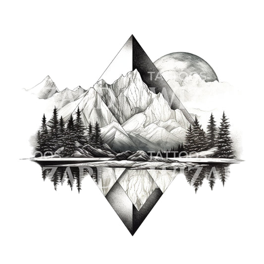 Dotwork Mountain Lake Tattoo Design