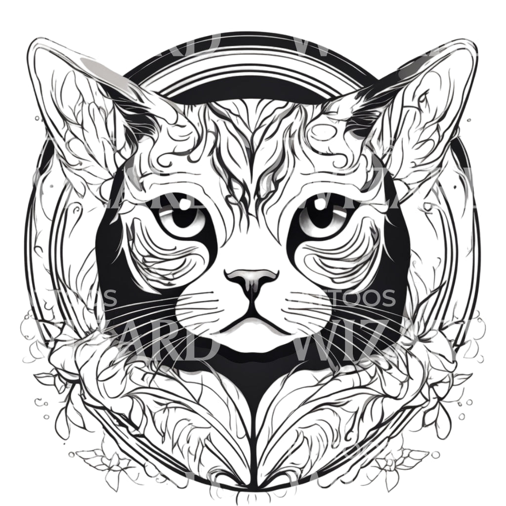 Scottish Fold Cat Head with Patterns Circle Tattoo Design