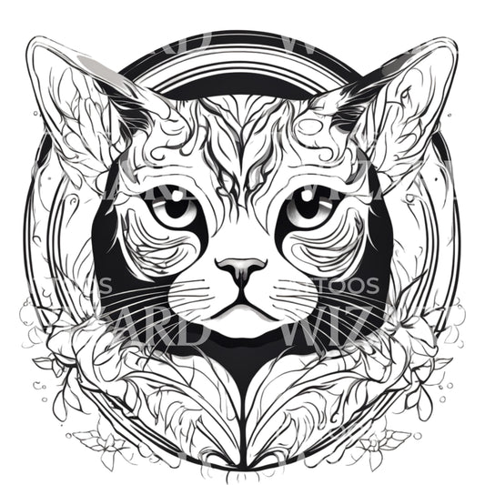 Scottish Fold Cat Head with Patterns Circle Tattoo Design