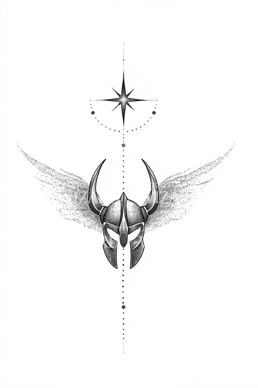 Tetování s motivem helmy Valkýry s křídly