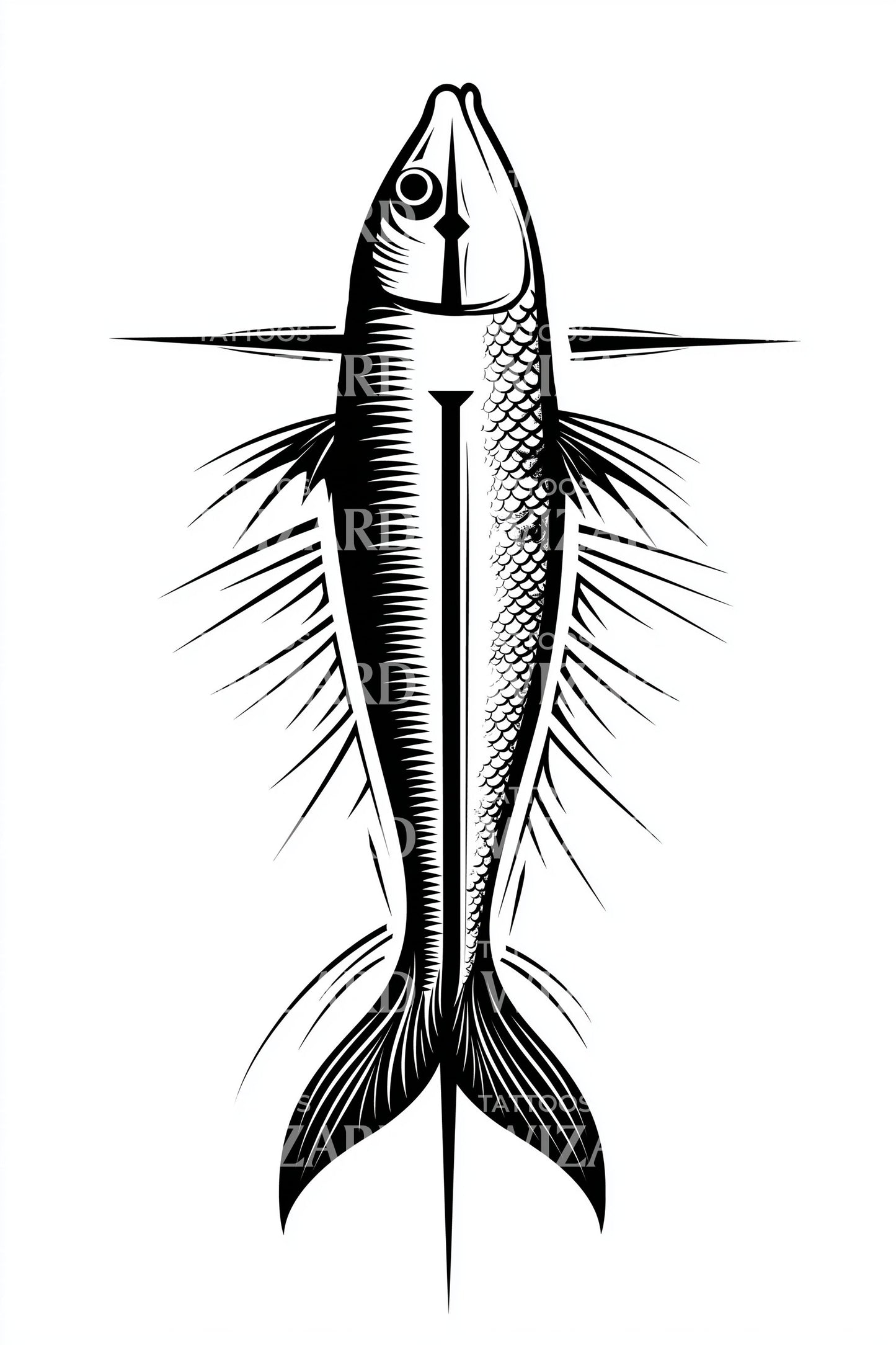 Idea per tatuaggio verticale con lancia da pesca