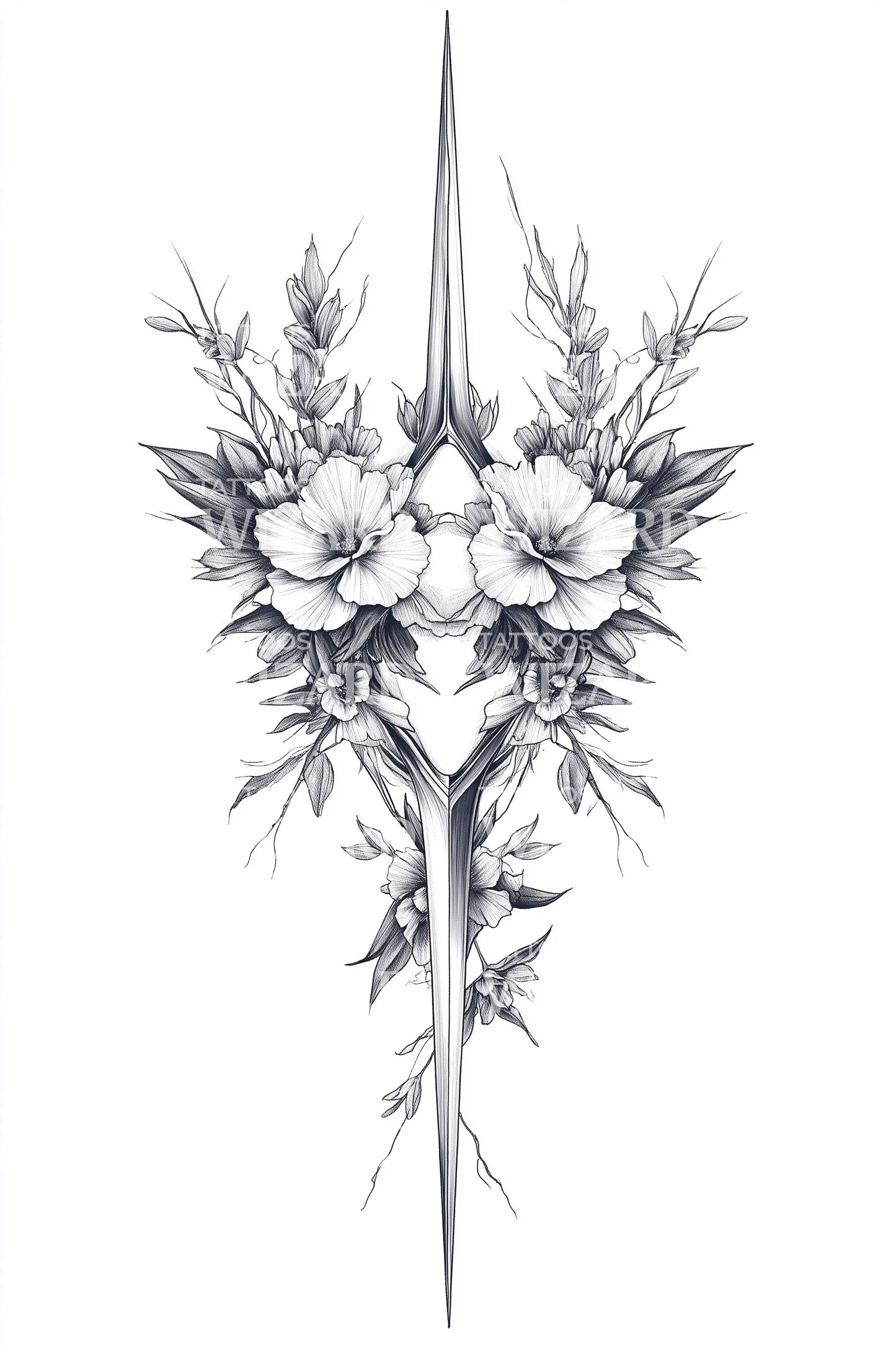 Vertical Floral Spear Tattoo Design
