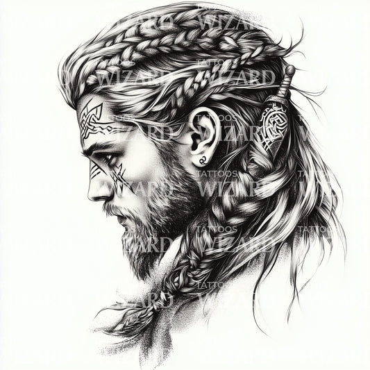 Diseño de Tatuaje de Niño Vikingo con Cabello Largo Trenzado