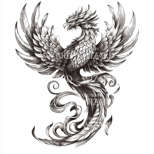 Idea de tatuaje de fénix inspirado en vikingos en estilo de puntillismo