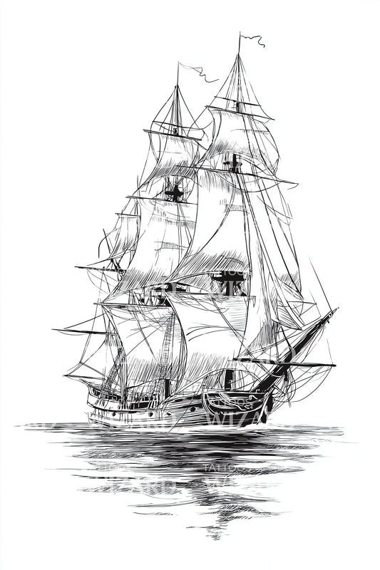 Vintage Galleon Sketch Tattoo Illustration