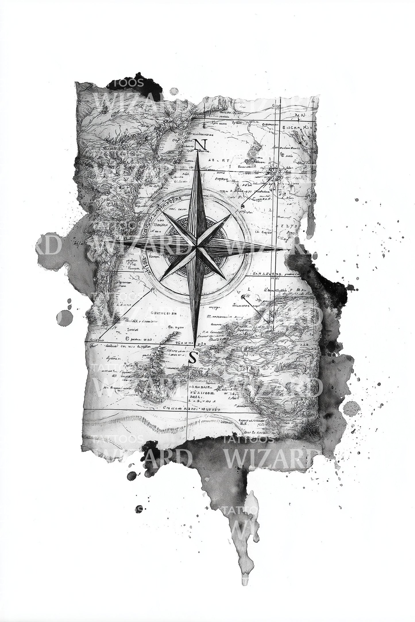 Vintage Map Compass Tattoo Illustration
