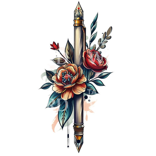 Vintage Quill Pen Tattoo Design