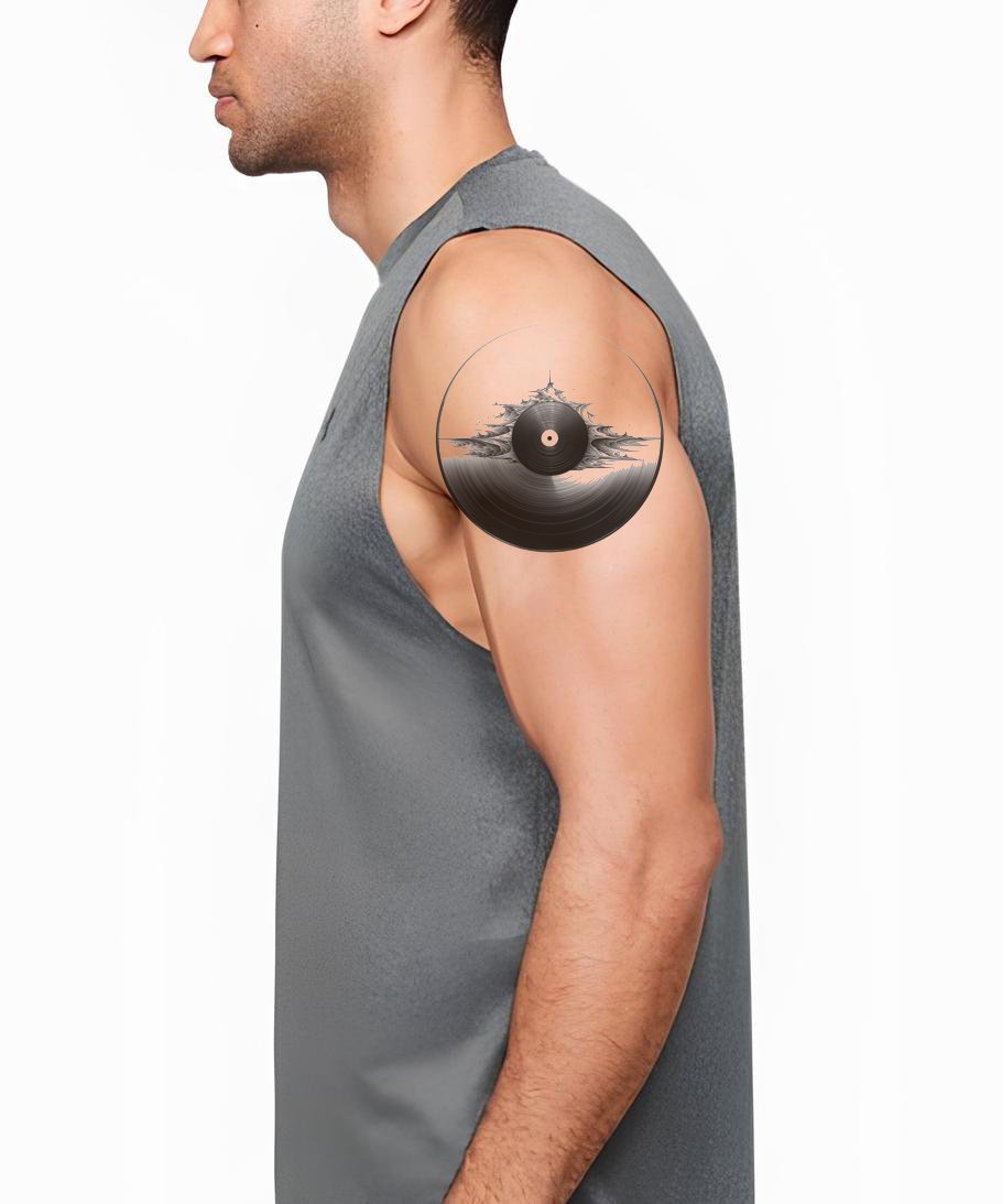 Футуристичный дизайн татуировки с виниловой пластинкой