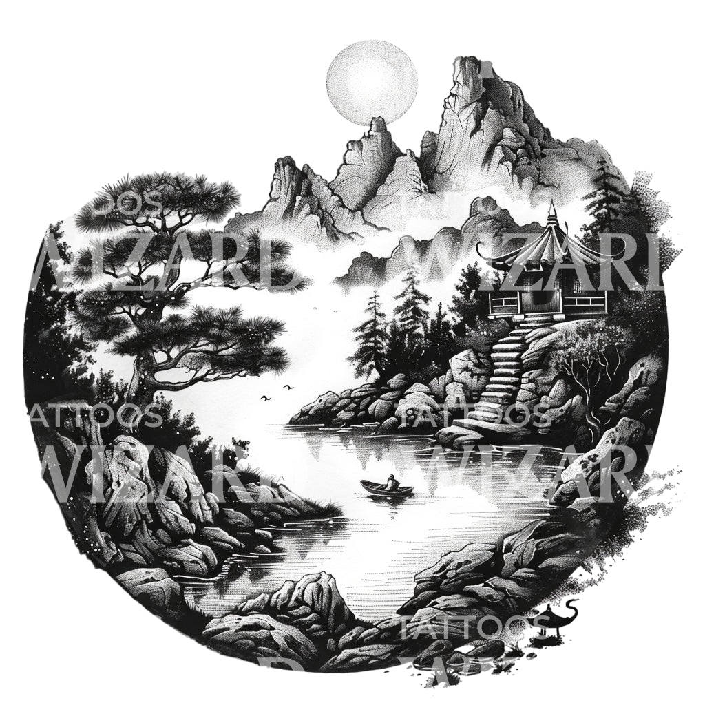 Japanese Landscape Dotwork Tattoo Design