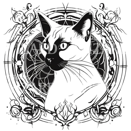 Siamese Cat Head with Floral Patterns Circle Tattoo Design