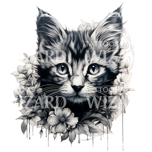 Black&Grey Cat Portrait Tattoo Design