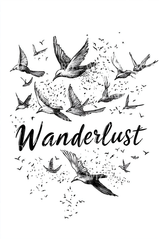 Wanderlust Birds Script Tattoo Design