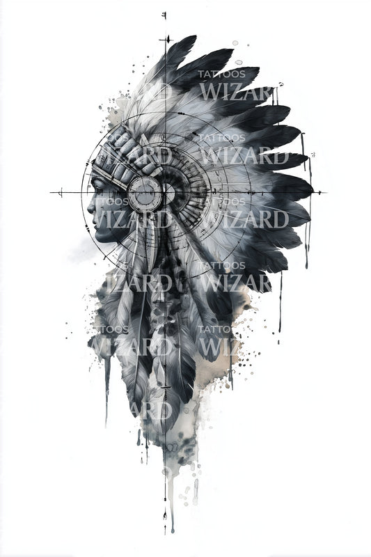 Warrior Headdress Splash Portrait Tattoo Illustration