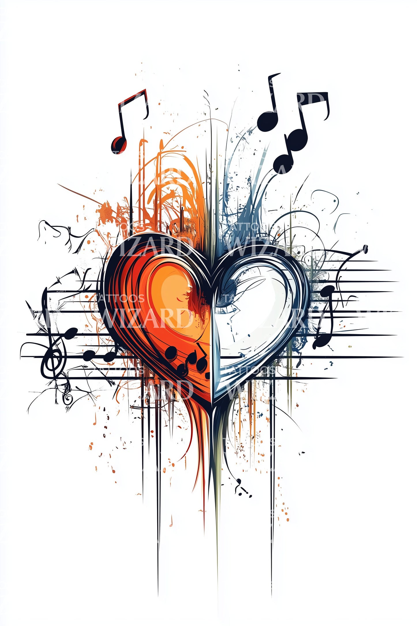 Watercolor Heart with Music Tattoo Design