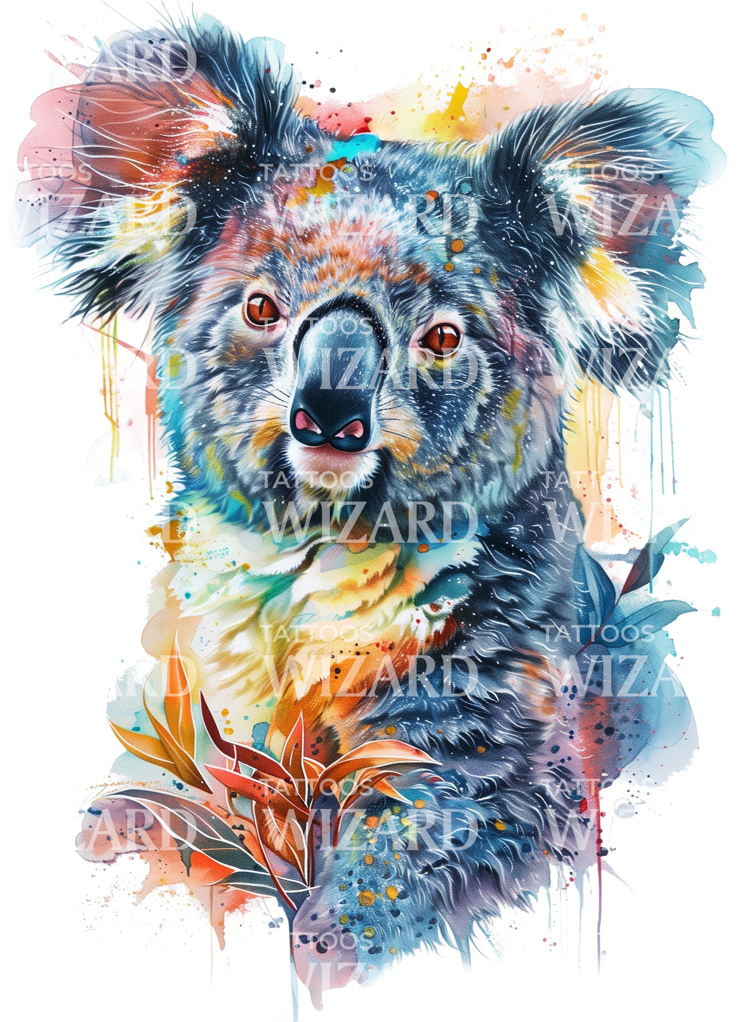 Watercolor Koala Portrait Tattoo Design