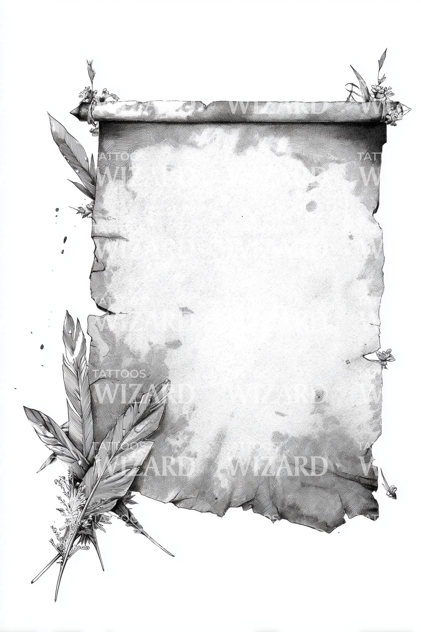 Weathered Paper Feathers Tattoo Illustration