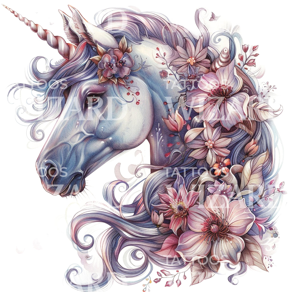 Unicorn Flower Tattoos Unicorn With Flowers Temporary Tattoo's Etsy