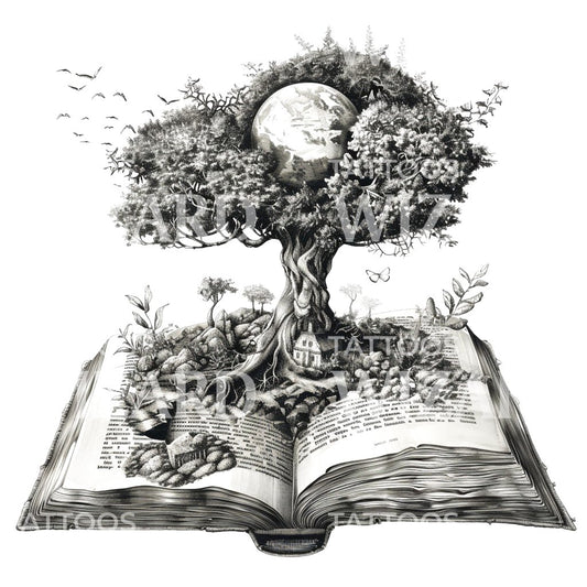 Whimsical Tree and Globe on Book Tattoo Idea