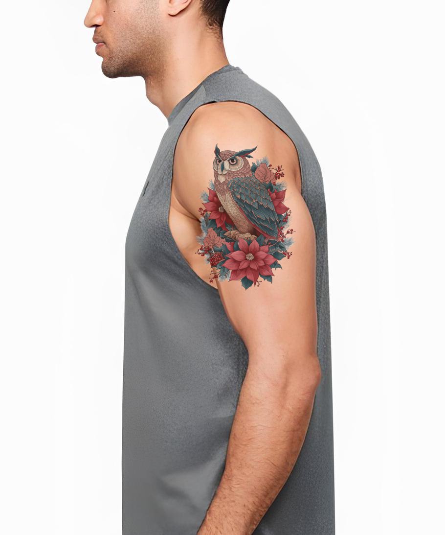 Winter Owl Poinsettia Tattoo Design