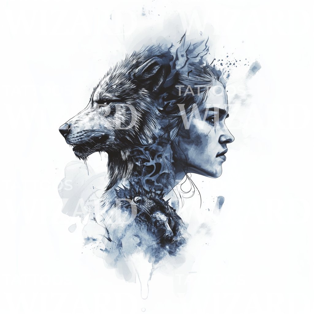 Design de Tatuagem Fusão Mulher e Lobo