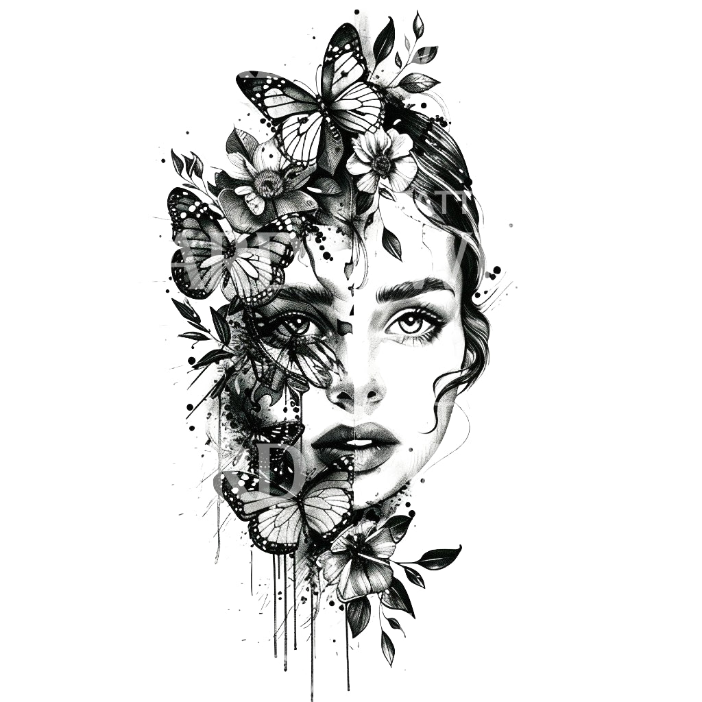Woman Covered in Butterflies Tattoo Design
