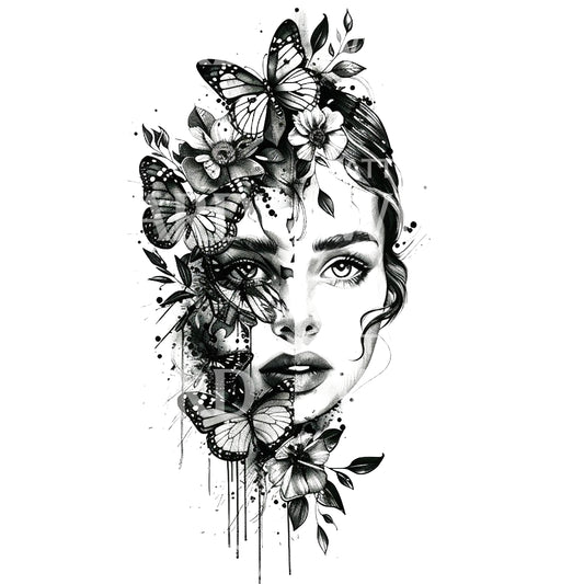 Woman Covered in Butterflies Tattoo Design