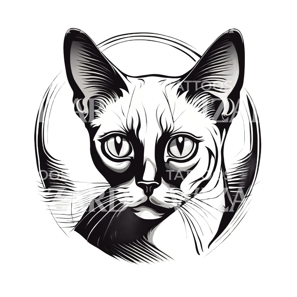 Siamese Cat Head with Patterns Circle Tattoo Design