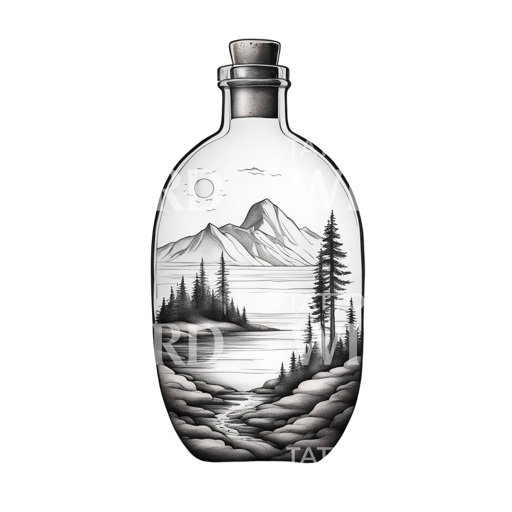 Landscape in a bottle with mountains and Trees Tattoo Design
