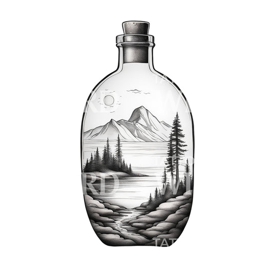 Landscape in a bottle with mountains and Trees Tattoo Design