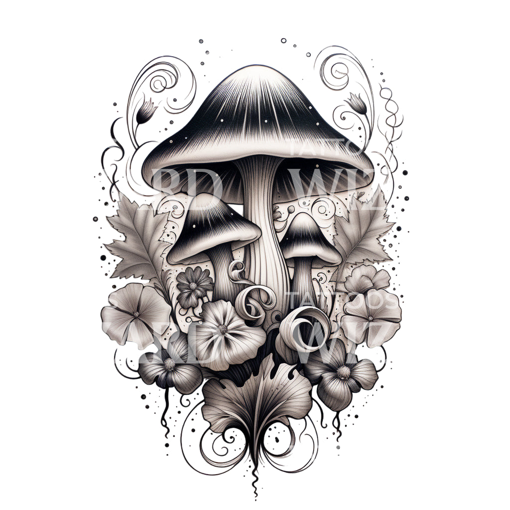 Magic Mushroom Black&Grey Tattoo Design