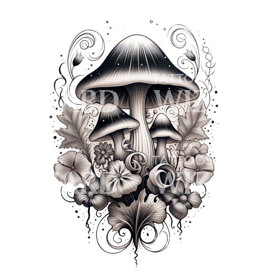 Magic Mushroom Black&Grey Tattoo Design