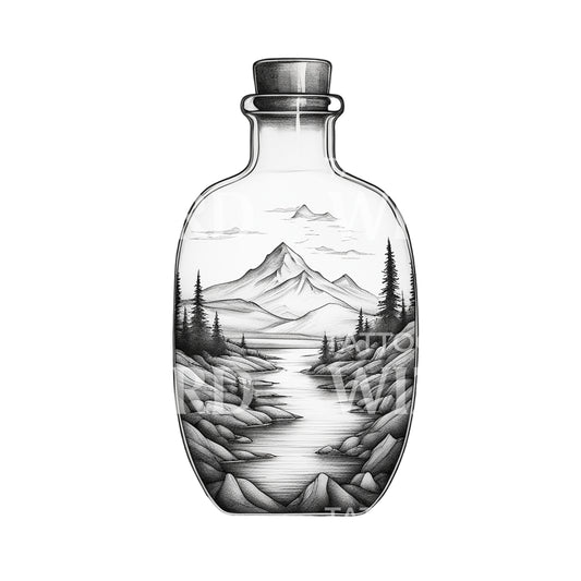 Landscape in a bottle with mountains and Trees Tattoo Design
